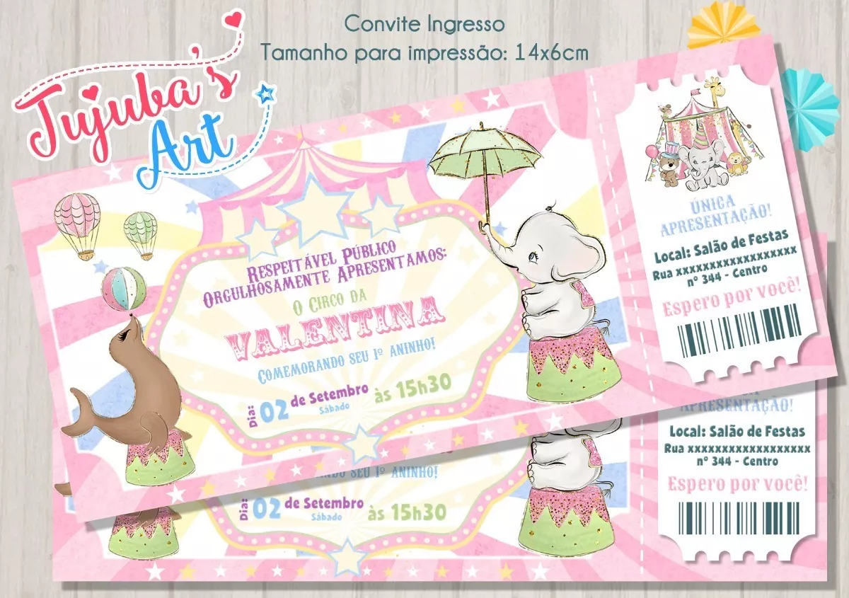 20 Convites Ingresso Aniversário Circo Rosa Aquarela #mod5