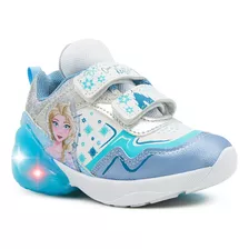 Tenis Frozen Luz Led Tendencia Elsa Princesa Velcro Blanco