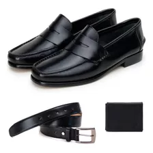 Sapato Social Em Couro Mocassim Argentino Cor Preto - Kit 