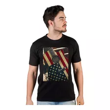 Camiseta Masculina Preta Rock Violão Bandeira Usa Moda Retro