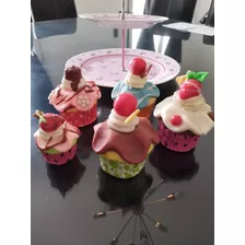 Combo Portacupcakes Cerámica Y 5 Cupcakes Porcelana 