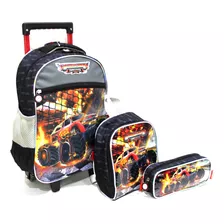 Kit Mochila Escolar Carro Wheels Turbo Racer Rodinhas Grande