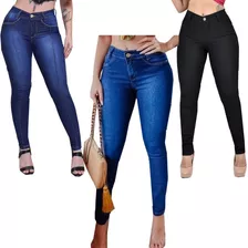 Kit 3 Calças Feminina Jeans Cintura Alta Até O Umbigo Lycra