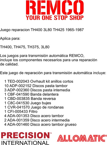 Kit Reparacion Transmision Th400 Estate Wagon 1976-79 5.0l Foto 2