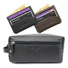 Necessaire Bolsa Couro Genuíno Kartmen + Ganhe 01 Carteira Cor Preto E Carteira Preta