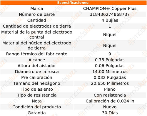 4 Bujas Kit Copper Plus Berlina L4 2.0l 70/74 Champion Foto 2