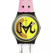 Reloj Swatch Majin Buu X Swatch Gz358 Color De La Correa Rosa-blanco Color Del Bisel Negro Color Del Fondo Amarillo