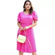 Vestido Plissado Midi Varias Cores G1 G2 G3 Manga Bufante