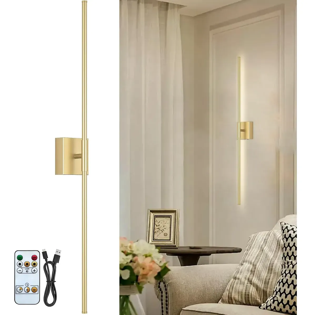 Aplique Pared Recargable Control Remoto Regulable Dorado