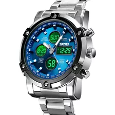 Reloj Pulsera Skmei 1389 De Cuerpo Color Plateado, Analógico-digital, Para Hombre, Fondo Azul, Con Correa De Acero Inoxidable Color Plateado, Agujas Color Blanco Y Gris, Dial Azul Y Blanco, Subesferas