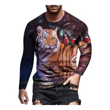 Camiseta De Manga Larga Con Estampado Animal 3d Para Hombre