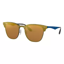 Anteojos De Sol Ray-ban Clubmaster Blaze Standard Con Marco De Metal Color Polished Blue, Lente Dark Orange De Plástico Espejada, Varilla Polished Blue De Metal - Rb3576n