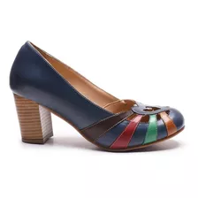 Sapato Peep Toe Feminino De Couro, Salto Alto Bloco 6,5cm