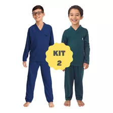 02 Pijamas Longo Malha Manga Calça Comprida Básico Infantil