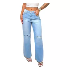 Calça Jeans Feminina Wide Lag Com Detalhe Rasgo No Joelho