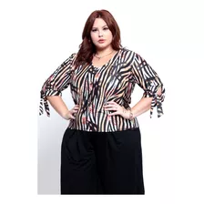 Blusa Estampado Manga 3/4 C Botões Roupa Feminina Plus Size