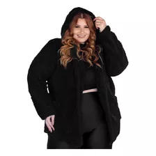 Casaco Teddy Peluciado Feminino Com Capuz Plus Size