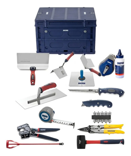 Kit Bremen: Herramientas Durlock 15 Pz + Cajón Plegable Con Tapa Azul 56x40x36 Cm 62l