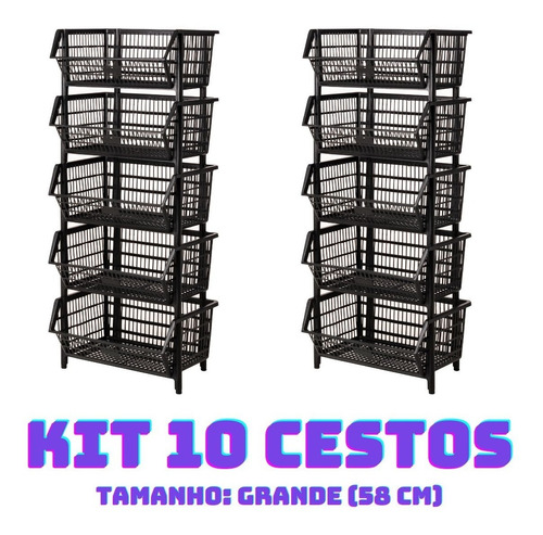 Kit 10 Cesto Expositor Organizador Grande 58cm Nº03 Preto