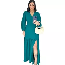 Vestido Longo Babado Fenda Manga 3/4 Evangélico Elegante