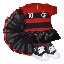 Body Bebê Mesversario Flamengo+saia+tênis Menina100% Algodão
