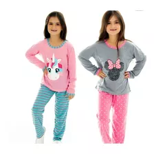 2x Pijamas Infantil Longo Fechado Feminino Cumprido Inverno