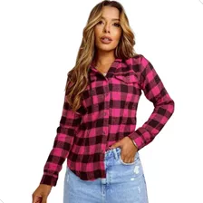 Camisa Xadrez Blusa Coutry Flanelada Moda Feminina C/ Touca 