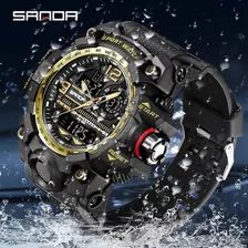 Reloj Sanda-3133, Impermeable, Casual, Correa Militar, Color Negro/dorado