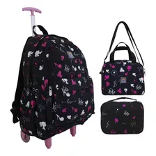 Mochila Feminina Escolar Rodinhas 2 Hates Lancheira E Estojo Cor Preto-rosa Desenho Do Tecido Boneca