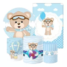 Kit 2 Painéis E Capas Festa Tecido Sublimado 3d Urso Aviador