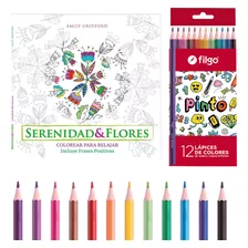 Set Libro Serenidad Y Flores Colorear + 12 Lapices Filgo