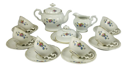 Jogo Chá Porcelana Real Floral Dourado 15 Peças Vintage Branco Florido