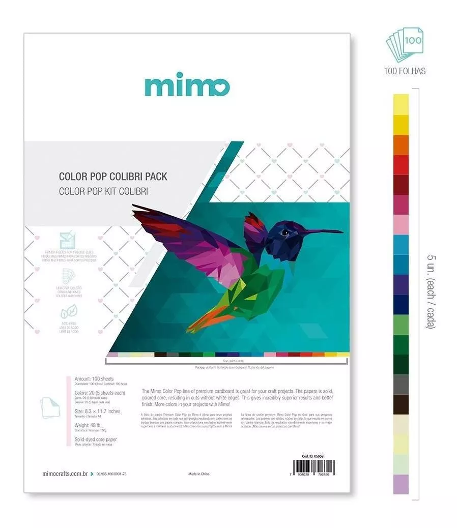 Papel Color Pop Kit Colibri Mimo - A4 - 180 Gr - 100 Unds