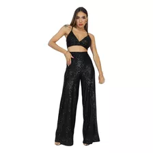 Conjunto Feminino Pantalona Paete Forrada Cropped Top Sutia