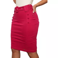 Saia Rosa Jeans Até O Joelho Moda Evangélica Midi + Lycra