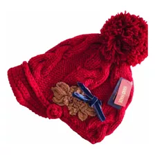 Gorro De Lana Mujer Rojo Con Flor Café.