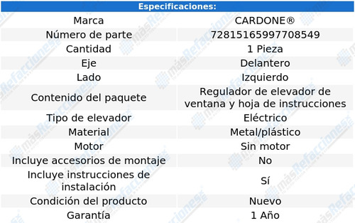 Regulador Cristal Elect Del Izquierdo S600 06 Cardone Foto 5