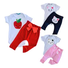 Kit 3 Conjuntos Algodão Baby Aplique Bordado Calça E Body