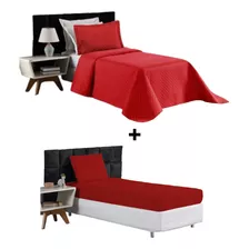 Kit Cobre Leito + Lençol Solteiro 4 Peças Matelado 170 Fios Cor Vermelho