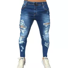 Calça Jeans Super Skinny Lycra Destroyed Rasgada Masculina