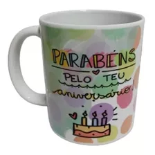 Caneca De Porcelana Parabéns Feliz Aniversario Presente Vip