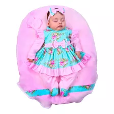 Saida De Maternidade Menina Salmão Floral 05 Peças Pompom