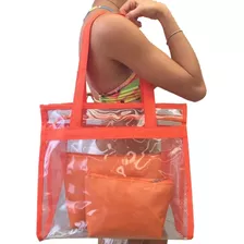 Bolsa De Praia Transparente Ombro Cristal Com 2 Necessaires Cor Laranja/laranja Desenho Do Tecido Lisa