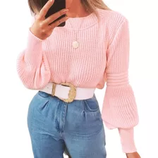 Blusa Feminina Tricot Rosa Manga Longa Bufante Foto Real 