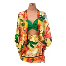 Conjunto Kimono + Shorts Saia Estampado Verão Colorido 