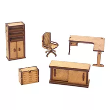 Kit Miniatura Escritório 5 Peças Mesa Cadeira Armário Mdf