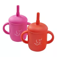 Papu Baby Set De 2 Vasos Entrenadores Con Tapa De Silicón Color Rosa Mexicano/rojo