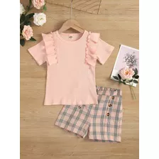 Conjunto Infantil Menina Xadrez Rosa