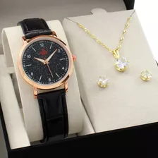 Relógio Feminino De Pulso Quebec Rosé Caixa De Metal Mostrador Preto Pulseira De Couro Preta Ponteiros Branco E Rosé