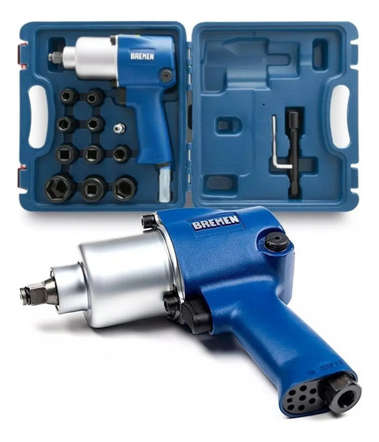 Llave Pistola Impacto Neumática Bremen 1/2 760nm + Kit 15pz Azul